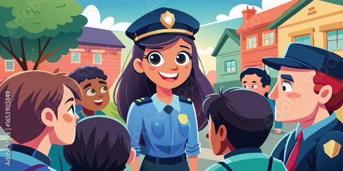 Anime style woman police officer engaging with community members in neighborhood event, friendly character interaction scene with large expressive eyes