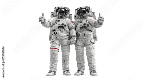 Two astronauts giving thumbs up, standing shoulder to shoulder, photorealistic suits, isolated on white