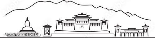 Detailed Outline of Thimphu Skyline Vector Illustration Bhutanese Capital City Design