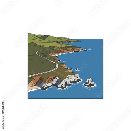 Pixel Art of a Rugged Coastline with Blue Ocean Green Hills and Tan Cliffs in a Sunny Coastal Scenery