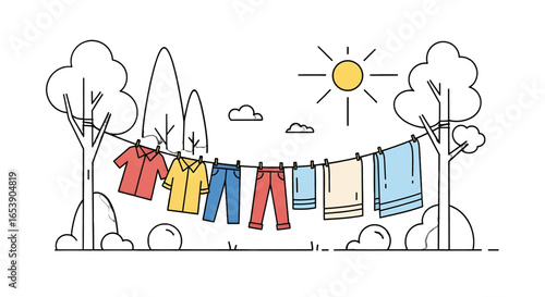 Laundry Line with Hanging Clothes Under Shining Sun Minimalist Style in a Natural Outdoor Setting with Trees and Clear Sky