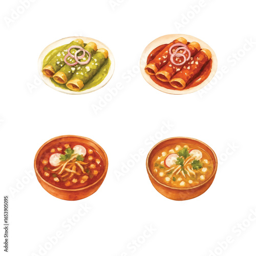 Watercolor Illustrations of Mexico Culinary Bundle—Enchiladas Verdes, Enchiladas Rojas, Pozole Rojo, Pozole Blanco. Watercolor Illustration. Design Element. Clip art. Suitable for artwork