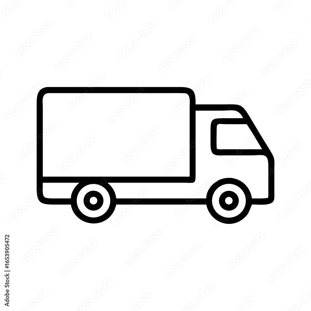 Outline illustration of a delivery truck with a rectangular cargo area and two visible wheels on white background Outline illustration of a delivery truck with a rectangular cargo area and two visible wheels on white background