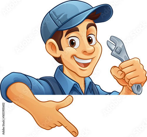 A mechanic or plumber handyman cartoon mascot man holding a wrench or spanner peeking around a sign and pointing at it