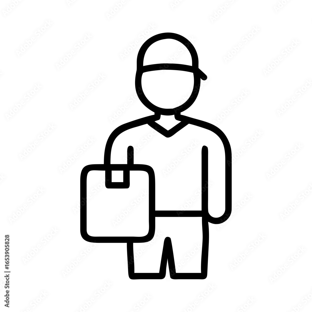 Illustration of a delivery person holding a package with a cap on their head in a simple outline style Illustration of a delivery person holding a package with a cap on their head in a simple outline style
