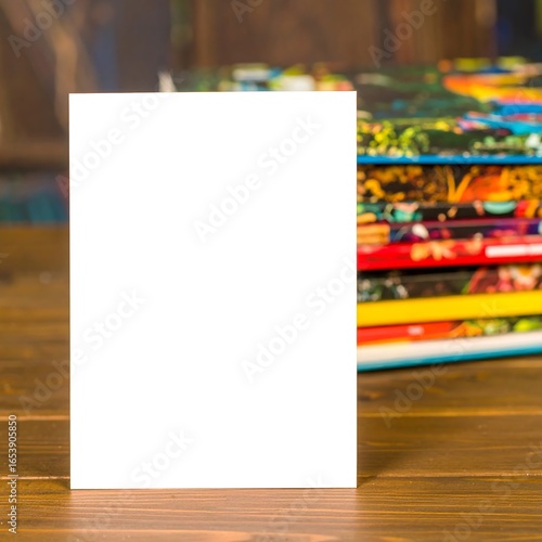 Blank white card on wooden table with books