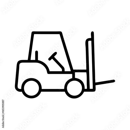 A simple line drawing of a forklift with visible steering wheel and two circular wheels on white background