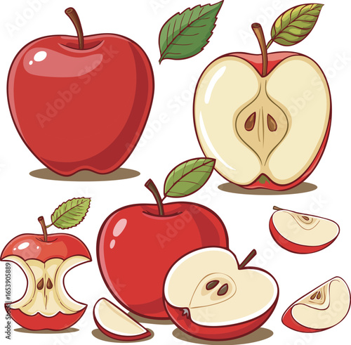 Red apple whole and sliced, vector illustration, flat design, fresh tones, white background, 