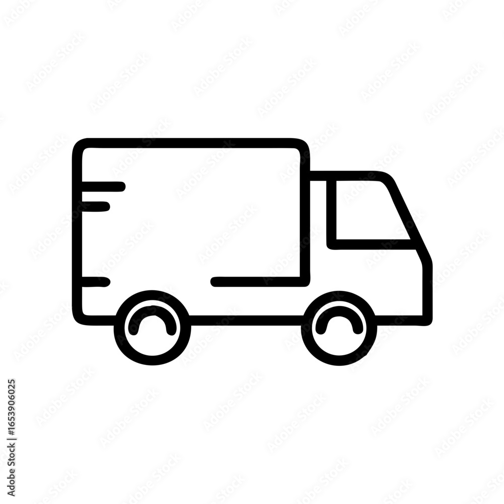 Outline drawing of a delivery truck with a rectangular cargo area and two visible wheels on a white backdrop Outline drawing of a delivery truck with a rectangular cargo area and two visible wheels on a white backdrop