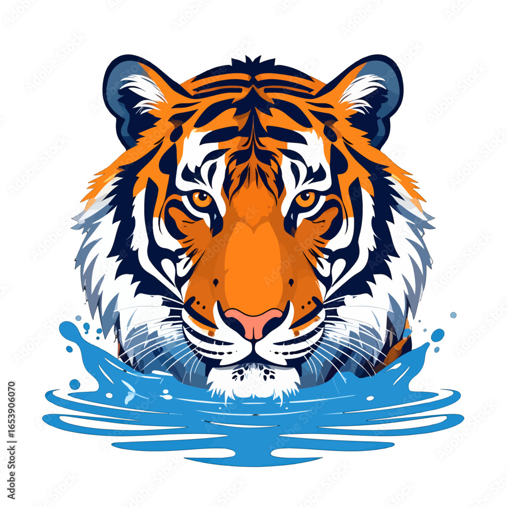 Striking Tiger Head with Blue Water Splash Vector Graphic in Orange and Blue Pixel Art Style on White Background Striking Tiger Head with Blue Water Splash Vector Graphic in Orange and Blue Pixel Art Style on White Background
