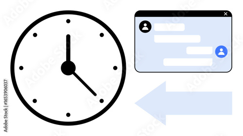 Analog clock, chat window with conversation bubbles, and directional arrow. Ideal for productivity, time management, online chatting, communication, interaction, scheduling simple landing page