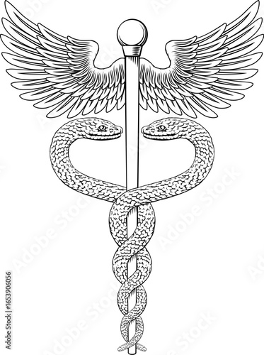 Caduceus staff of Hermes medical or commerce symbol. Snakes around a winged rod. Often used in place of the rod of Asclepius doctor icon for medicine and health care. Vintage woodcut etching style.