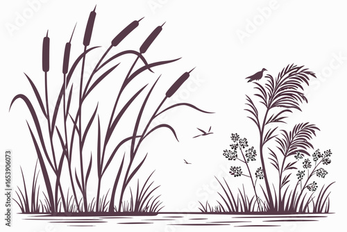 Coastal & Marshland Plants Silhouette Collection – Vector Set of Cattails, Reeds, and Tall Grasses for Waterside Nature Scenes