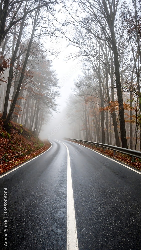 Fototapeta premium Foggy autumn road through a forest