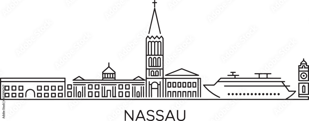 Fototapeta premium Nassau Skyline Vector Illustration with Landmark Buildings and Cruise Ship Silhouette Outline