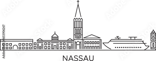 Nassau Skyline Vector Illustration with Landmark Buildings and Cruise Ship Silhouette Outline