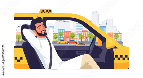 Bearded Taxi Driver Resting In Yellow Car with Hands Behind Head In Sunny City Background