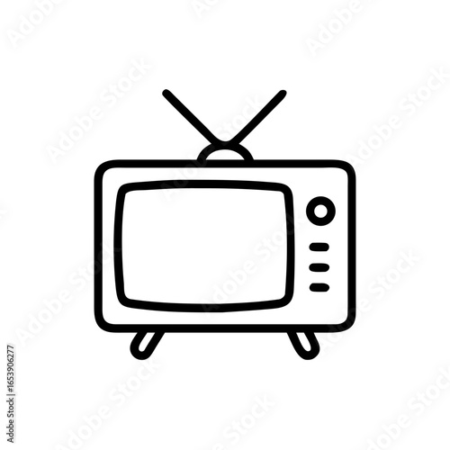 A simple black and white drawing of an old television with antenna and control buttons on the side