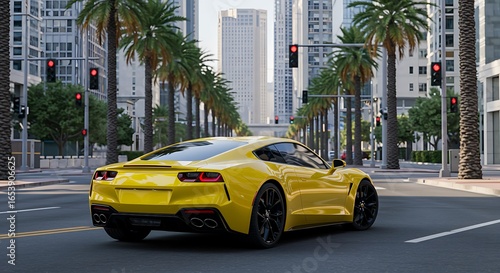 Sleek Yellow Sports Car Driving Down Urban Avenue with Palm Trees and Modern Architecture Buildings in the Background Offering a Glimpse into Automotive Luxury