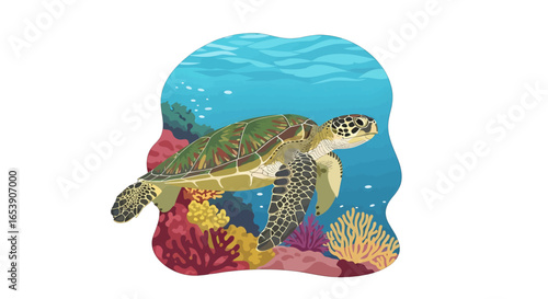 Pixel Art Style Turtle Swimming near Coral Reef in Blue Ocean Waters a Colorful Marine Life Illustration