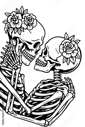 Skeleton couple with rose, romantic spooky Halloween black and white cartoon illustration
