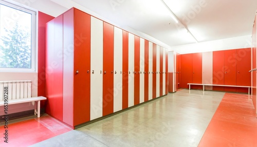 Red and white lockers in a spacious changing room