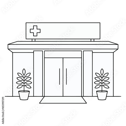 Simple outline drawing of a modern hospital building entrance with plants and a medical cross symbol
