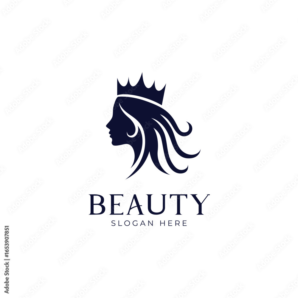 Fototapeta premium Elegant Minimalist Woman with Crown Silhouette Logo for Beauty Brand