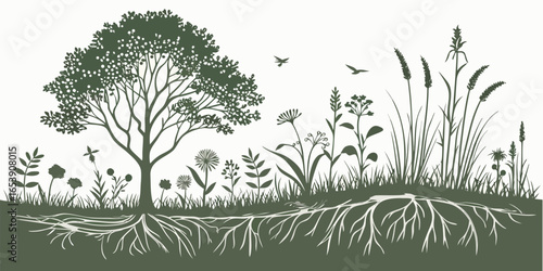 Botanical Meadow Cross-Section Silhouette – Vector Illustration of Soil Layers, Root Systems, Wildflowers, and Grasses in Detailed Cutaway View