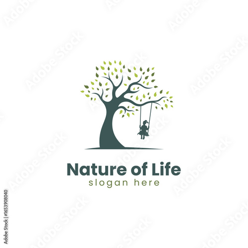 Elegant Minimalist Tree with Swing and Child Silhouette Illustration Logo Template