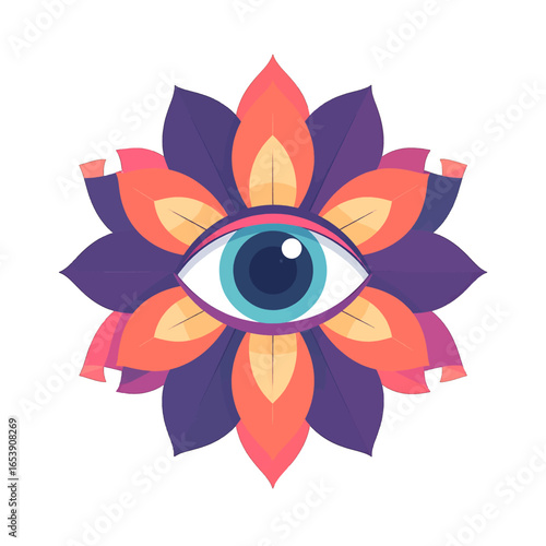Eye Symbol Inside a Floral Mandala Design in Purple Orange and Turquoise Against a White Backdrop Spiritual Vision