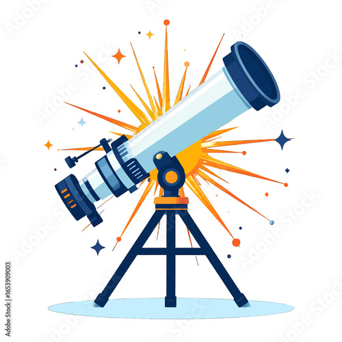 Illustrated White Telescope on Tripod with Orange Light Burst on White Background
