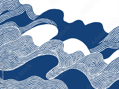 Hand drawn brush lines abstract ocean waves pattern with solid color and contours, Japanese and ethnic wood carving, block print texture background, simple graphic for textiles