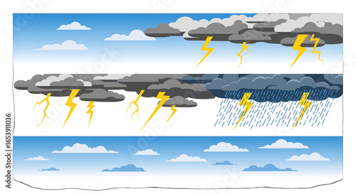 Pixelated Skies with Clouds and Lightning Bolts Showcasing a Thunderstorm in Shades of Blue Gray and Yellow