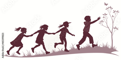 Vector Silhouette of Children Running and Skipping – Playful Movement and Friendship
