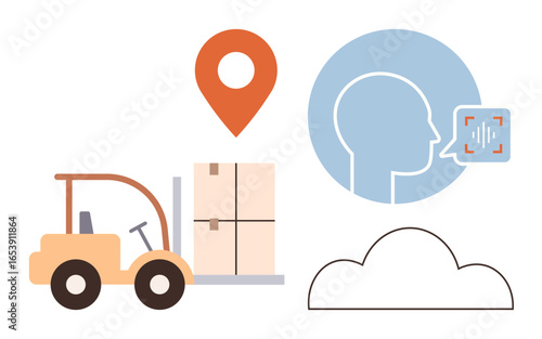 Forklift transporting cargo next to GPS marker, human speech recognition icon, and cloud outline. Ideal for logistics, supply chain, technology, innovation, cloud solutions, industry