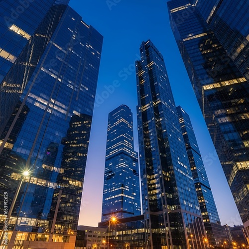 Looking up at towering modern skyscrapers illuminated with bright lights against a deep blue twilight sky in a bustling city