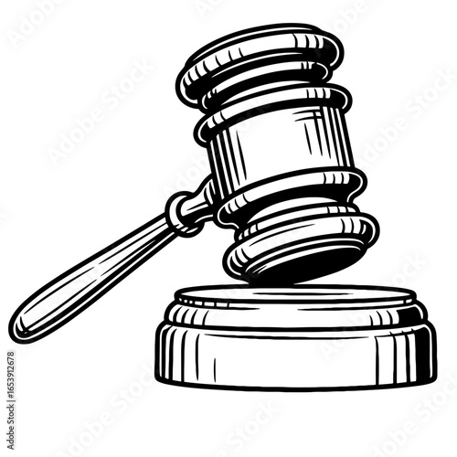 Judge gavel and sound block in black and white legal icon style
