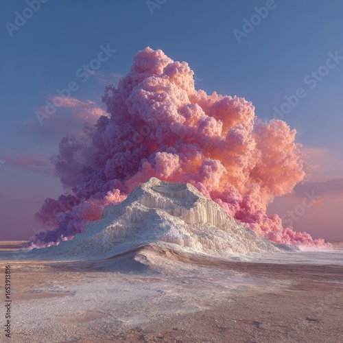 Pink cloud erupts over white landscape