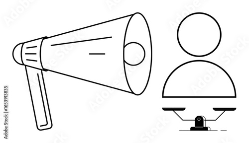 Megaphone amplifying message toward a person symbol above a balanced scale. Ideal for communication, advocacy, awareness, justice, equality, public speaking, leadership. Simple flat metaphor