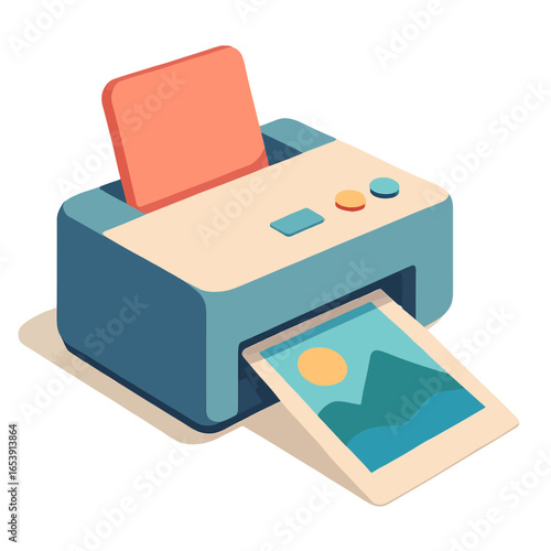 Colorful Inkjet Printer with Photo Document in a Modern Office Setting