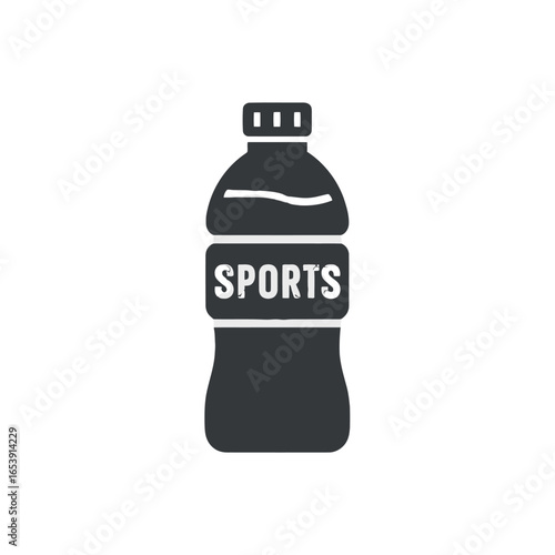 Sports Water Bottle Black with White Label Standing on Transparent Background