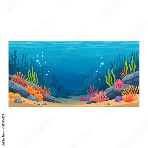 Pixel Art Underwater Scene with Blue Ocean Water Coral Reefs and Sandy Seabed with Rocky Outcrops and Vibrant Marine Flora