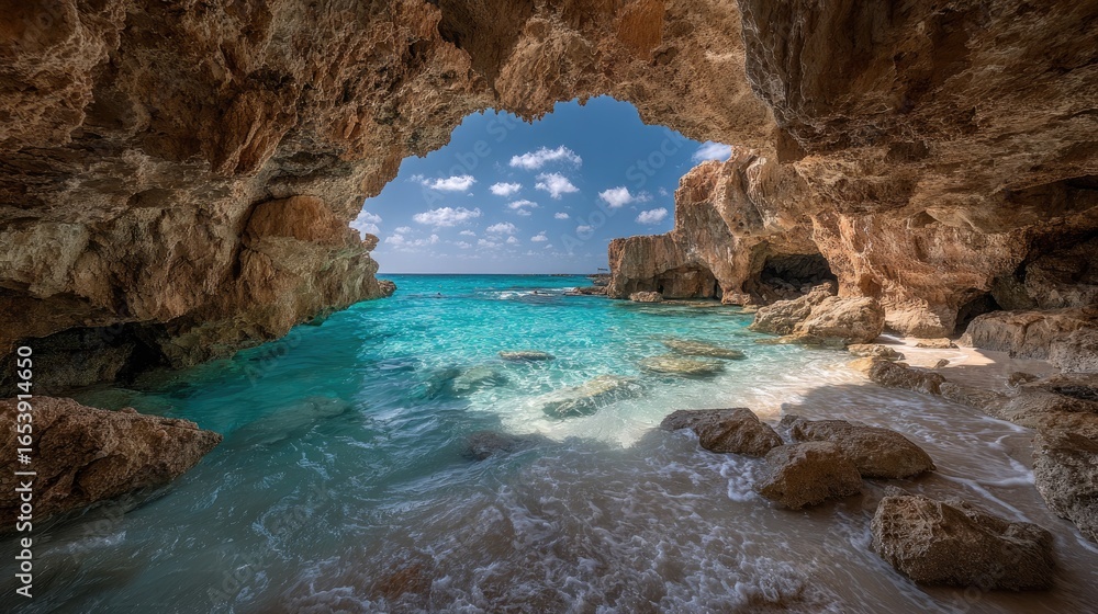 Fototapeta premium Sun-drenched turquoise cove through a rock arch