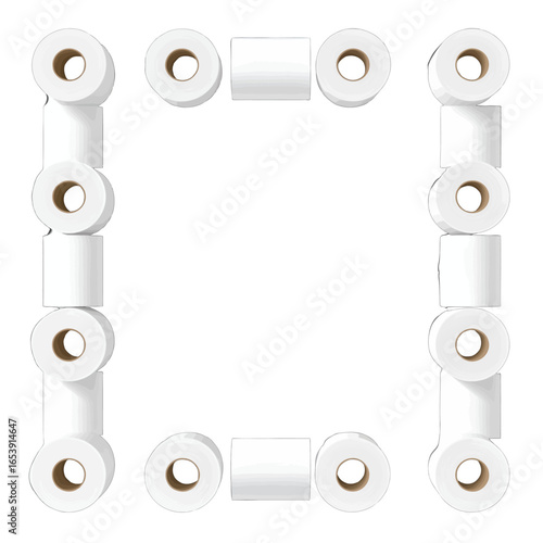 Toilet Paper Rolls Forming a Square Frame on a White Background Showing Domestic Cleanliness and Essential Sanitary Supply for Personal Hygiene