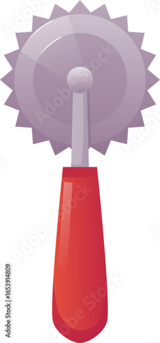 Round knife with red handle flat vector icon, kitchen knife for dough cutting, confectionery equipment with sharp teeth