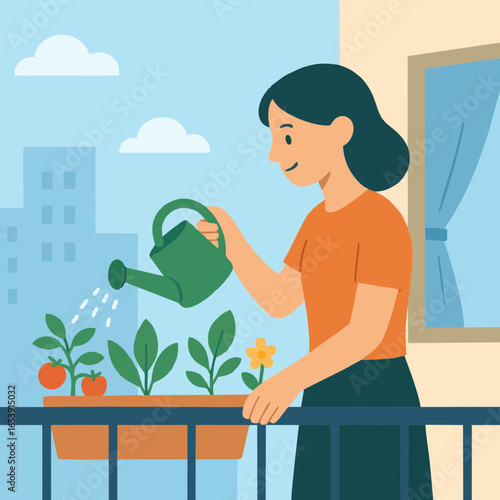 Flat illustration of woman watering plants on balcony, promoting eco lifestyle and urban gardening.
