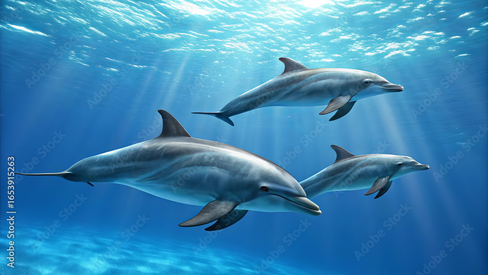 Fototapeta premium Three Dolphins Swimming Underwater with Sun Rays | Marine Wildlife for Conservation, Oceanography and Educational Materials