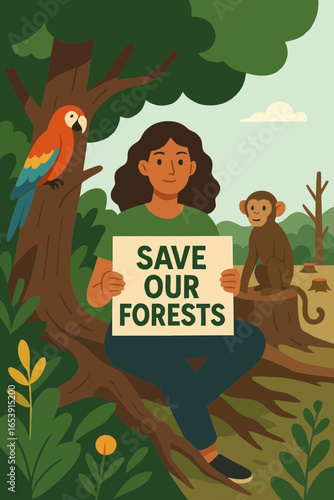 Flat illustration of woman holding sign to save the forests, symbol of nature protection and deforestation awareness.