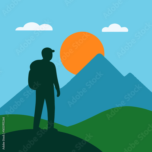  Man hiking in the mountain enjoying eco tourism and nature.